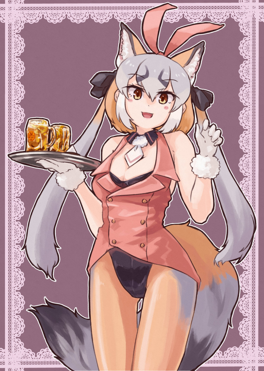 1girl absurdres adapted_costume alcohol animal_ears bare_shoulders beer black_collar black_leotard collar cowboy_shot detached_collar extra_ears eyebrows_visible_through_hair fake_animal_ears fox_ears fox_girl fox_tail fur_trim gloves grey_hair grey_legwear highres island_fox_(kemono_friends) jacket kemono_friends leotard long_hair multicolored_hair necktie orange_hair orange_jacket orange_legwear orange_neckwear pantyhose playboy_bunny rabbit_ears sleeveless solo tail toriny tray twintails two-tone_hair two-tone_legwear virtual_youtuber white_fur white_gloves yellow_eyes