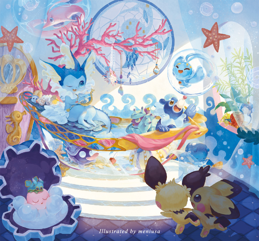 :d artist_name brown_eyes bubble clamperl commentary_request coral gen_1_pokemon gen_2_pokemon gen_3_pokemon gen_4_pokemon gen_7_pokemon gorebyss harp holding holding_instrument horsea instrument manaphy mareanie meniusa_lau mythical_pokemon octillery omanyte one_eye_closed open_mouth paws pichu pokemon poliwag popplio shellder shellos shellos_(east) sitting smile spheal standing starfish toes tongue vaporeon