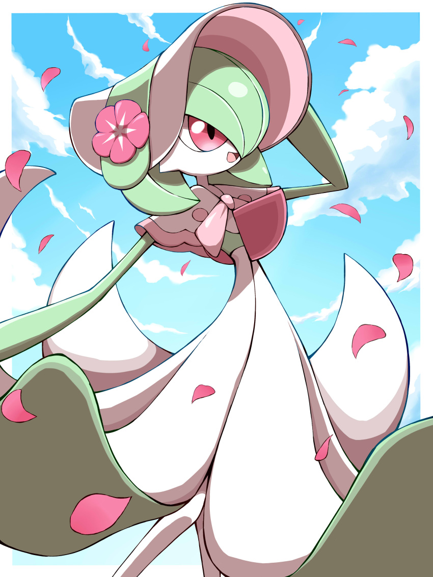 :d absurdres bonnet border capelet cloud commentary day flower gardevoir gardevoir_(fashionable) gen_3_pokemon hand_up highres open_mouth outdoors outside_border petals pink_flower pokemon pokemon_(creature) pokemon_(game) pokemon_unite red_eyes shabana_may sky smile solo tongue white_border white_headwear