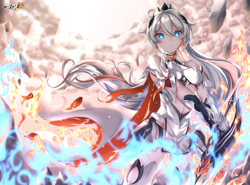 1girl antenna_hair bangs bare_shoulders black_gloves blue_eyes blue_fire boots breasts byeoljagga cleavage closed_mouth cloud cloudy_sky earrings fire gauntlets gloves hair_between_eyes hair_ornament holding holding_sword holding_weapon honkai_(series) honkai_impact_3rd jewelry kiana_kaslana kiana_kaslana_(herrscher_of_flamescion) long_hair looking_at_viewer ponytail sky solo sword thigh_boots thighhighs weapon white_footwear white_hair