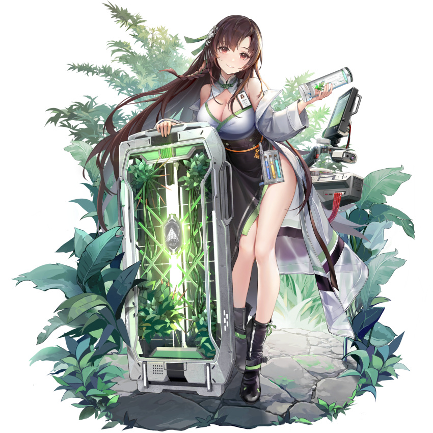 1girl bare_shoulders black_footwear boots braid breasts brown_hair canister character_name chilunchilun chinese_clothes cleavage cleavage_cutout clothing_cutout dress dress_slip full_body girls'_frontline girls'_frontline_neural_cloud hair_ornament highres holding id_card jacket large_breasts legs long_hair looking_at_viewer off_shoulder official_art open_clothes open_jacket plant red_eyes shield side_braid smile solo stone_walkway transparent_background type_64_(girls'_frontline) very_long_hair vial white_jacket