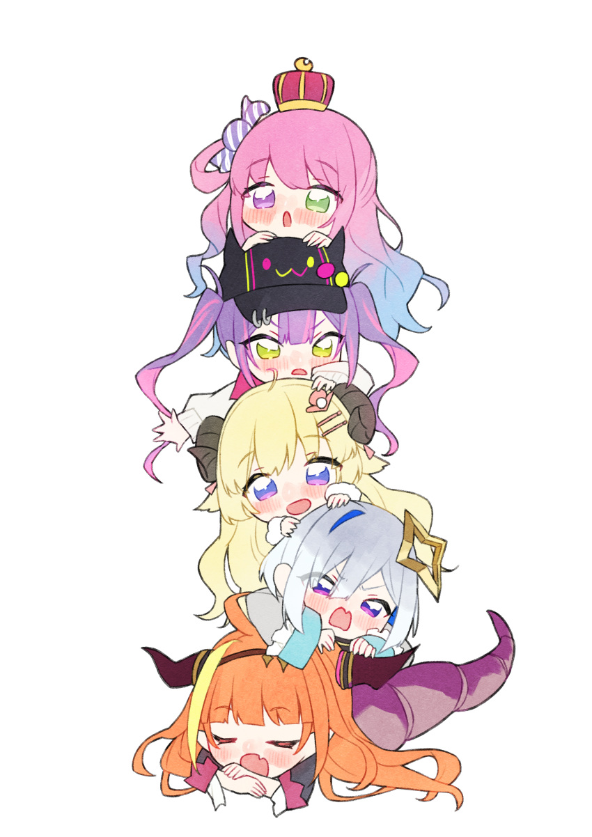 5girls :3 :o absurdres amane_kanata angry animal_ears bibi_(tokoyami_towa) blonde_hair blue_hair blush candy_hair_ornament chibi closed_eyes commentary_request crossed_arms crown dragon_girl dragon_horns dragon_tail eyebrows_visible_through_hair fang food-themed_hair_ornament gradient_hair green_eyes grey_jacket hair_ornament hair_rings hairclip halo hands_on_another's_head heterochromia highres himemori_luna hololive horns jacket kiryu_coco light_blue_hair long_hair long_sleeves lying lying_on_person multicolored_hair multiple_girls neru_(flareuptf1) on_stomach open_mouth orange_hair pink_hair pointy_ears purple_eyes purple_hair sheep_ears sheep_girl sheep_horns shirt silver_hair simple_background skin_fang star_halo streaked_hair tail tokoyami_towa tsunomaki_watame twintails very_long_hair virtual_youtuber white_background white_shirt