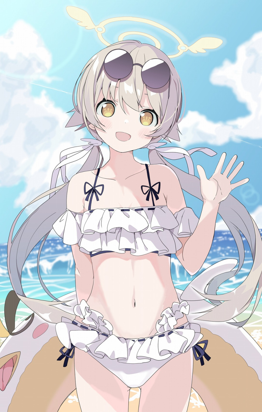 1girl :d bangs bare_shoulders bikini blue_archive blue_sky brown_eyes brown_hair cloud collarbone commentary_request day eyebrows_behind_hair eyewear_on_head hair_between_eyes halo hand_up head_tilt hifumi_(blue_archive) highres horizon innertube long_hair low_twintails navel ocean open_mouth outdoors revision round_eyewear sky smile solo sunglasses swimsuit tantan_men_(dragon) twintails very_long_hair water white_bikini