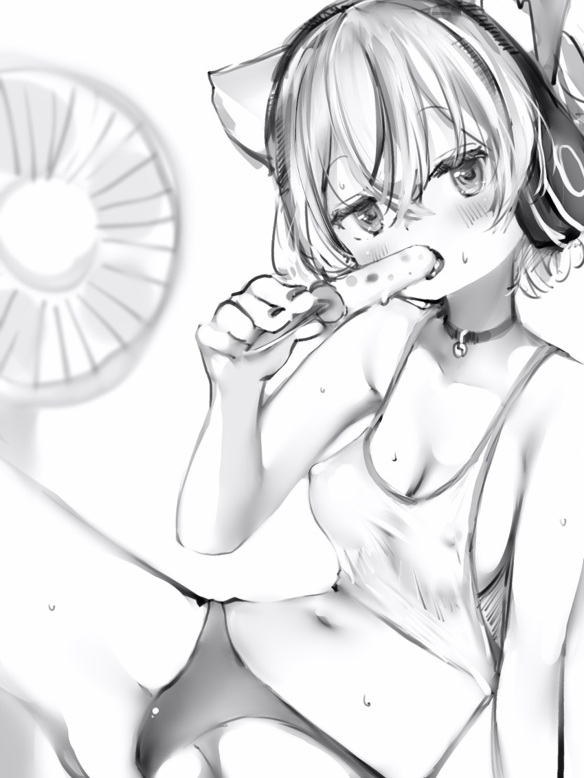 1girl animal_ears bare_arms bare_shoulders blush breasts cat_ears cleavage covered_nipples cropped_shirt earphones electric_fan fingernails food greyscale highres hot looking_at_viewer medium_breasts monochrome nail_polish nanashi_(nlo) navel no_bra panties popsicle shirt sleeveless sleeveless_shirt solo spread_legs sweat tsumugine_rei underwear white_background zero_project