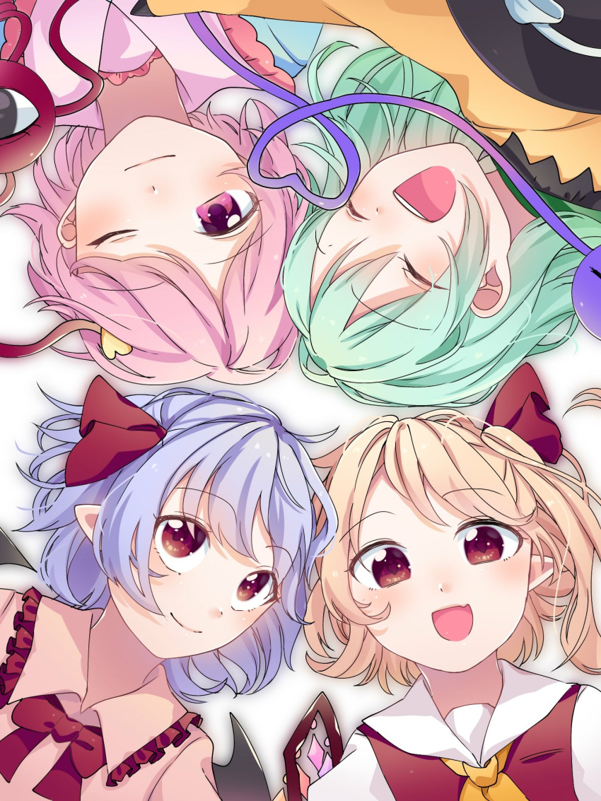 4girls bangs bat_wings black_headwear blonde_hair blouse blue_blouse bow closed_eyes closed_mouth collar crystal dress eringi_(rmrafrn) eyebrows_visible_through_hair eyes_visible_through_hair flandre_scarlet frills green_hair hair_between_eyes hair_ribbon hat hat_bow heart heart-shaped_pupils highres jewelry komeiji_koishi komeiji_satori long_sleeves looking_at_viewer looking_up lying multicolored multicolored_wings multiple_girls no_hat no_headwear on_back one_eye_closed open_mouth pink_dress pink_eyes pink_hair ponytail puffy_short_sleeves puffy_sleeves purple_hair red_bow red_dress red_eyes red_neckwear red_ribbon remilia_scarlet ribbon shirt short_hair short_sleeves simple_background symbol-shaped_pupils third_eye touhou white_background white_bow white_shirt wings yellow_neckwear