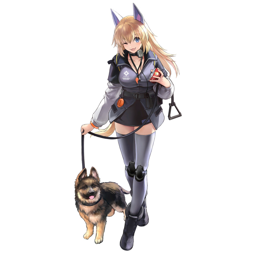 1girl animal_ears blonde_hair blue_eyes boots breasts can dog dog_ears dog_food fangs full_body girls'_frontline girls'_frontline_neural_cloud highres jacket joints large_breasts leash long_hair looking_at_viewer m500_(girls'_frontline) mechanical_legs official_art one_eye_closed open_mouth puppy robot_joints skirt smile solo thighhighs transparent_background whistle whistle_around_neck zettai_ryouiki