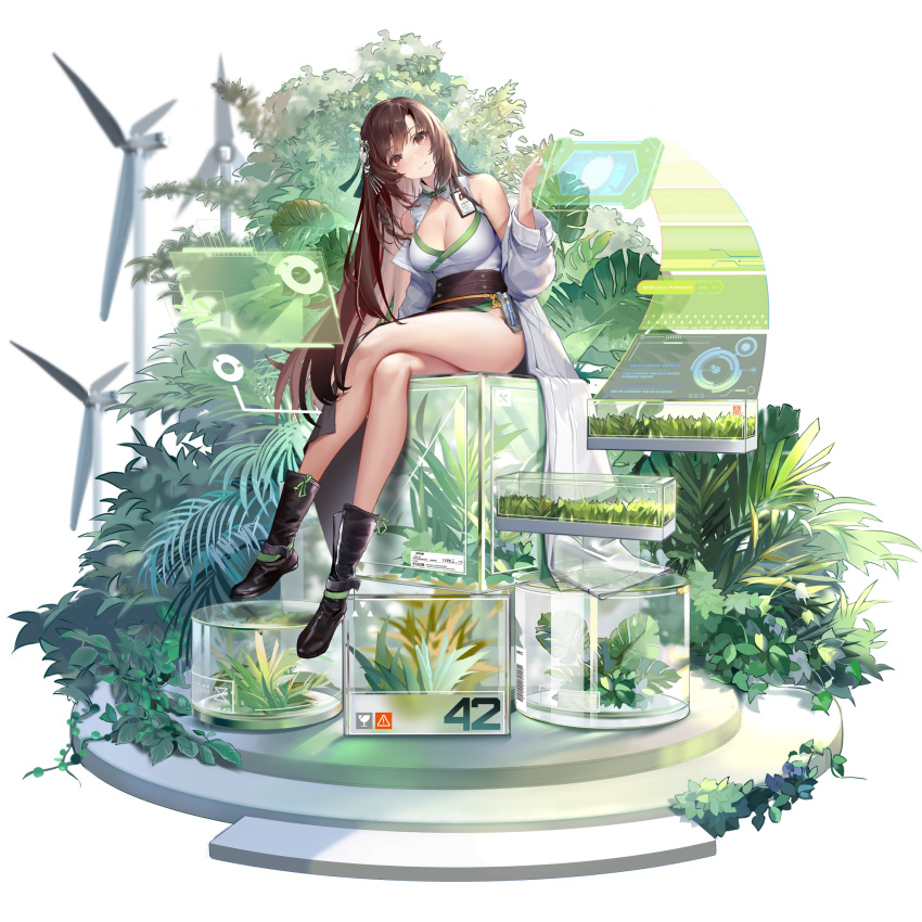 1girl bare_shoulders boots braid breasts brown_hair chilunchilun cleavage cleavage_cutout clothing_cutout crossed_legs full_body girls'_frontline girls'_frontline_neural_cloud hair_ornament head_tilt highres holographic_interface id_card jacket large_breasts legs long_hair looking_at_viewer off_shoulder official_art open_clothes open_jacket plant side_braid sitting solo transparent_background type_64_(girls'_frontline) very_long_hair white_jacket wind_turbine