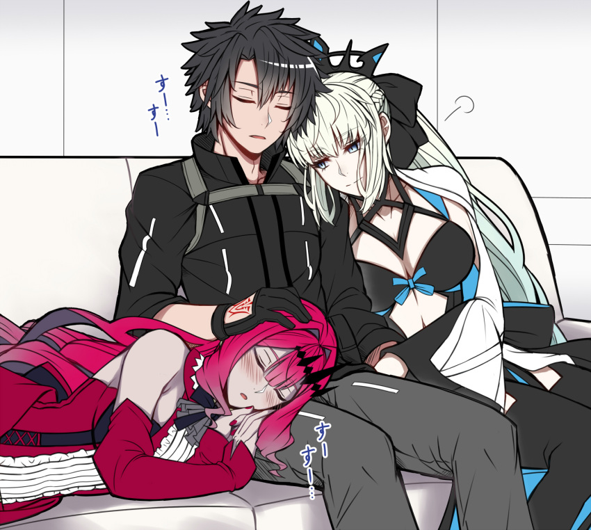 1boy 2girls bare_shoulders black_bow black_dress black_hair black_shirt bow braid breasts center_opening circlet closed_eyes clothing_cutout couch detached_collar detached_sleeves dress earrings fairy_knight_tristan_(fate) fate/grand_order fate_(series) french_braid fujimaru_ritsuka_(male) girl_sandwich hand_on_another's_head highres jewelry lap_pillow large_breasts leaning_on_person light_blue_eyes long_hair lying_on_lap morgan_le_fay_(fate) mother_and_daughter multiple_girls pink_hair platinum_blonde_hair polar_chaldea_uniform red_dress sandwiched sanmotogoroo shirt sidelocks sitting sleeping sleeping_on_person smile stomach_cutout two-tone_dress