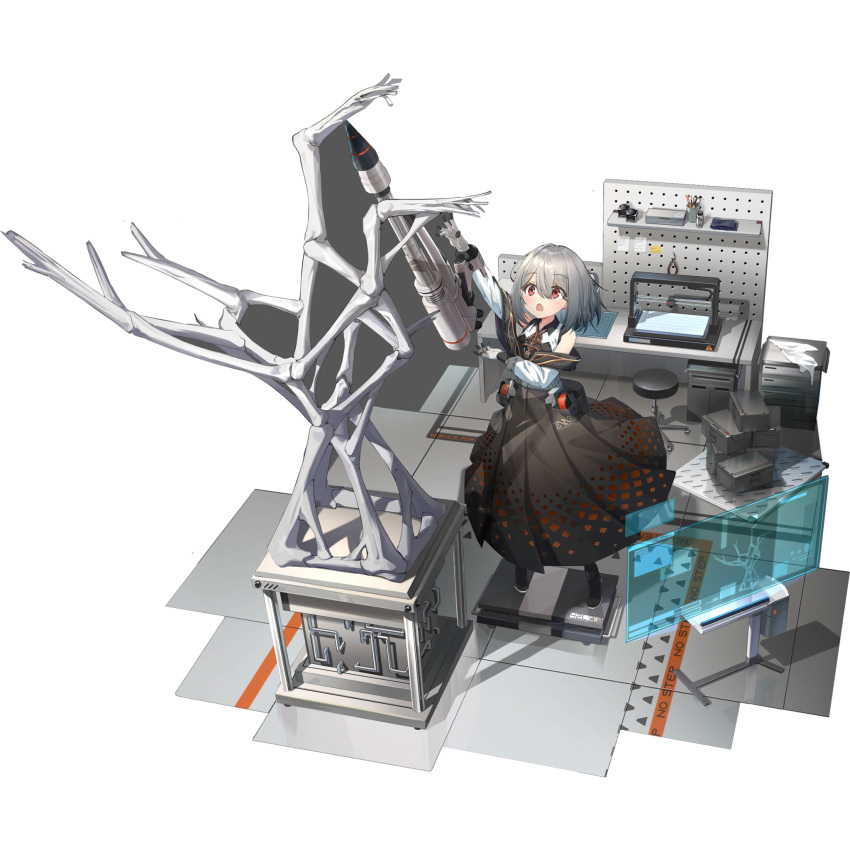 1girl 3d_printer bare_shoulders black_dress bone bonee_(girls'_frontline_nc) dress eyebrows_visible_through_hair flat_chest from_above full_body girls'_frontline girls'_frontline_neural_cloud gloves highres long_sleeves looking_up medium_hair official_art open_mouth red_eyes sculpture silver_hair solo transparent_background