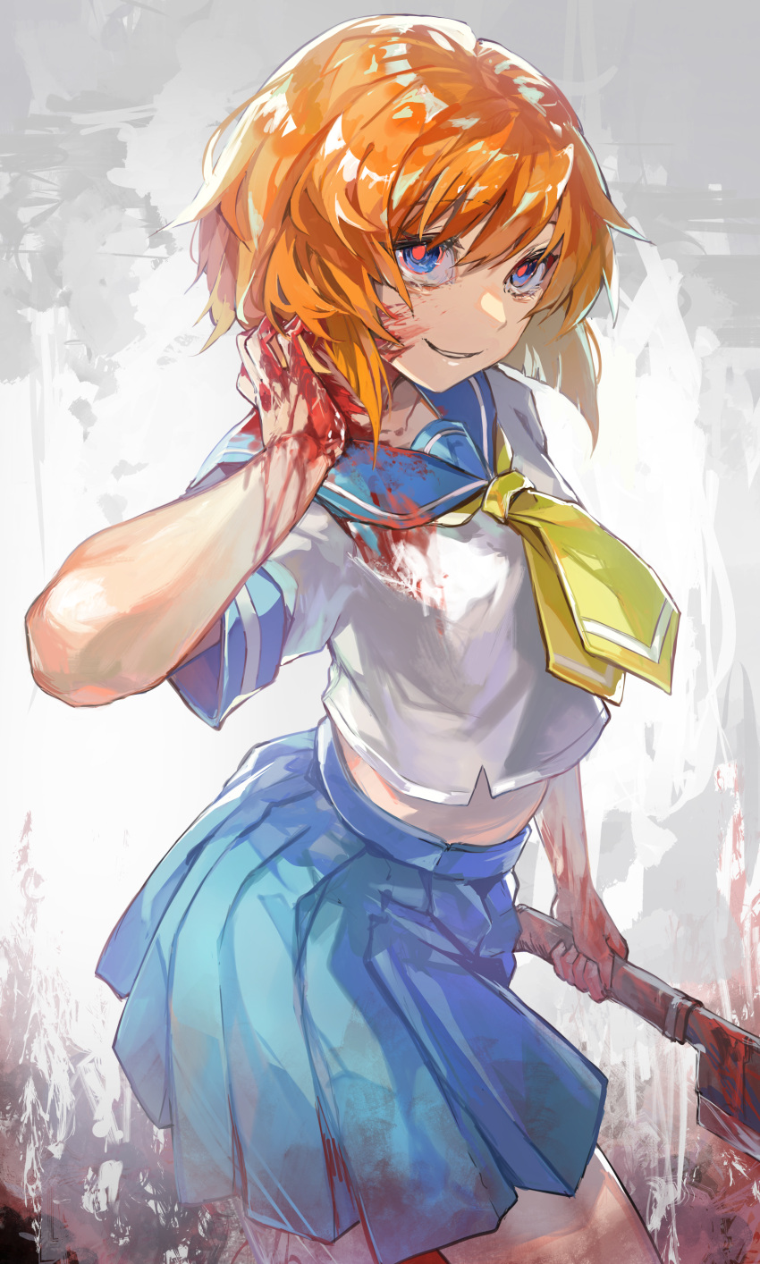 1girl absurdres blood bloody_clothes bloody_hands blue_eyes blue_sailor_collar blue_skirt commentary_request contrapposto cowboy_shot crazy_smile from_side hand_up highres higurashi_no_naku_koro_ni holding holding_weapon kyusoukyu looking_at_viewer medium_hair orange_hair parted_lips pleated_skirt red_pupils ryuuguu_rena sailor_collar school_uniform scratching scratching_neck self-mutilation serafuku shirt short_sleeves skirt smile solo standing weapon white_background white_serafuku white_shirt