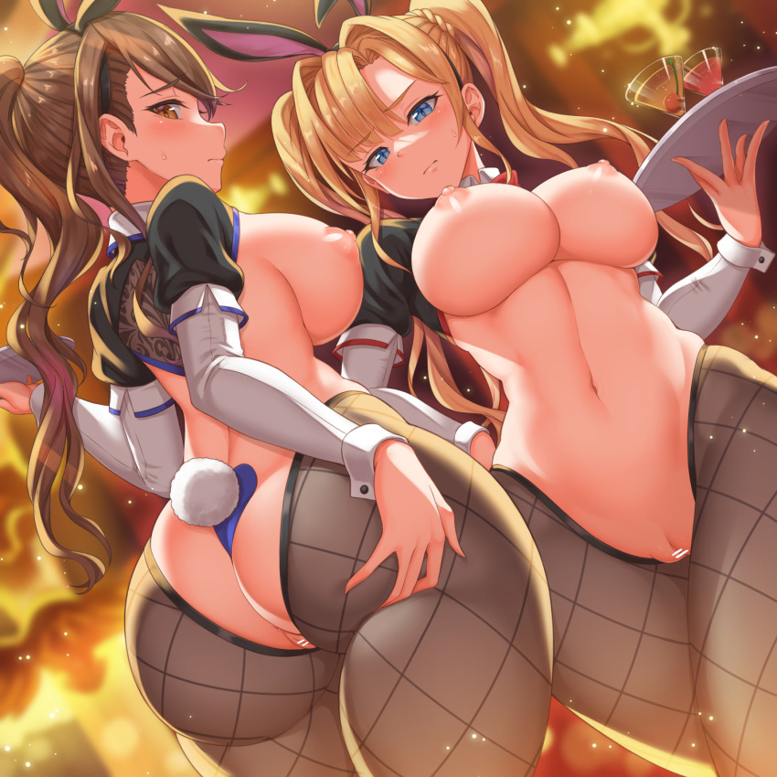 2girls animal_ears ass ass_grab bangs bar_censor beatrix_(granblue_fantasy) black_hairband blonde_hair blue_eyes blurry blurry_background braid breasts brown_hair brown_legwear censored cherry closed_mouth commentary_request cowboy_shot cup curvy drinking_glass dutch_angle eyebrows_visible_through_hair fake_animal_ears fishnet_legwear fishnets food from_behind from_below fruit grabbing_own_ass granblue_fantasy hair_intakes hairband hand_up heart_maebari heart_pasties highres holding holding_tray indoors labia large_breasts long_hair long_sleeves maebari meme_attire multiple_girls navel nipples pantyhose pasties plump ponytail pussy rabbit_ears rabbit_tail reverse_bunnysuit reverse_outfit shrug_(clothing) sideboob sleeve_cuffs standing stomach sweatdrop tail tray twintails underboob very_long_hair yasojima_nejiro zeta_(granblue_fantasy)