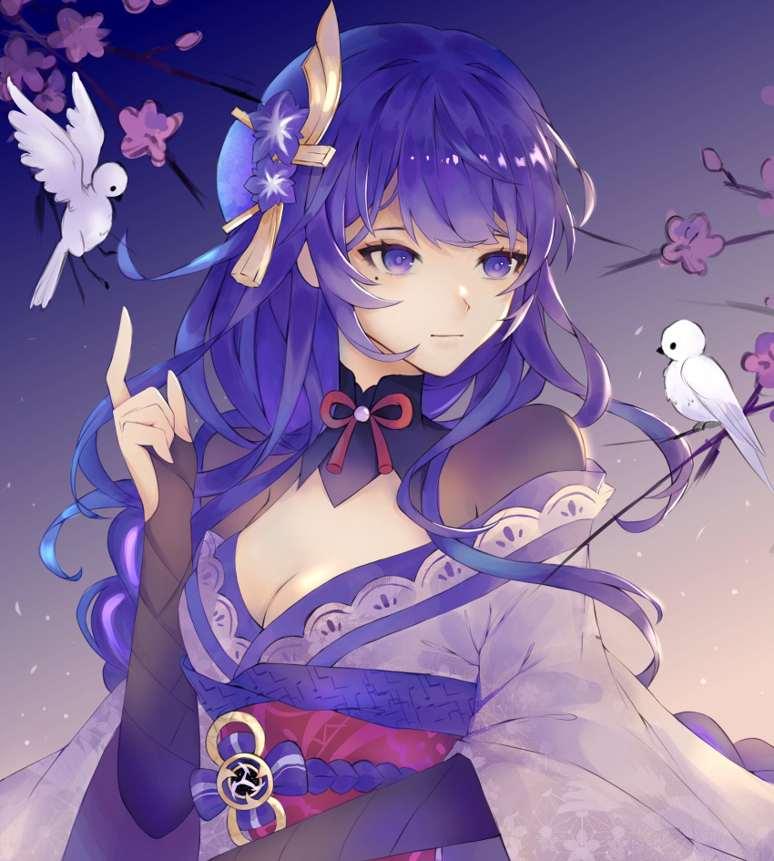 1girl bangs bird braid branch breasts bridal_gauntlets cleavage closed_mouth commentary english_commentary flower genshin_impact hair_flower hair_ornament highres japanese_clothes kimono large_breasts long_hair mole mole_under_eye purple_eyes purple_flower purple_hair raiden_(genshin_impact) ribbon sash simple_background solo tassel wide_sleeves xu_carman