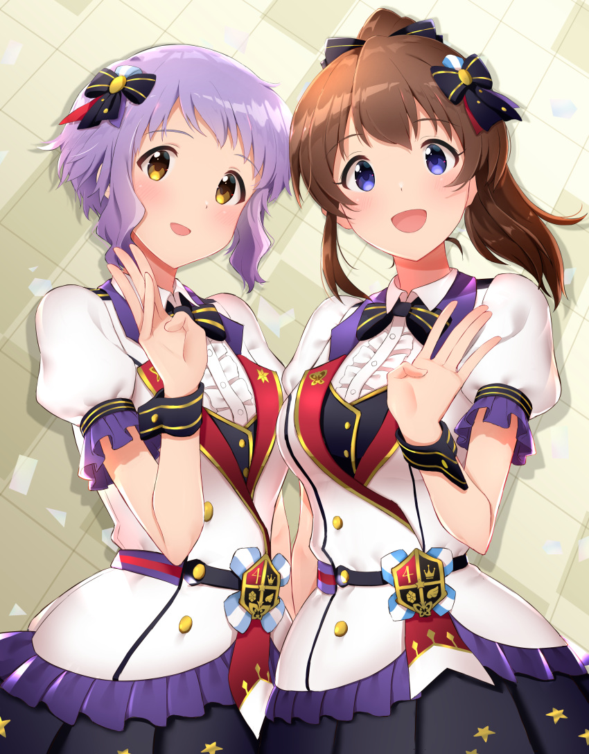 2girls absurdres blue_eyes bow breasts brown_hair dress hair_bow highres homco idolmaster idolmaster_million_live! idolmaster_million_live!_theater_days long_hair looking_at_viewer makabe_mizuki medium_breasts multiple_girls open_mouth ponytail purple_hair satake_minako short_hair smile tile_background waving white_dress yellow_eyes