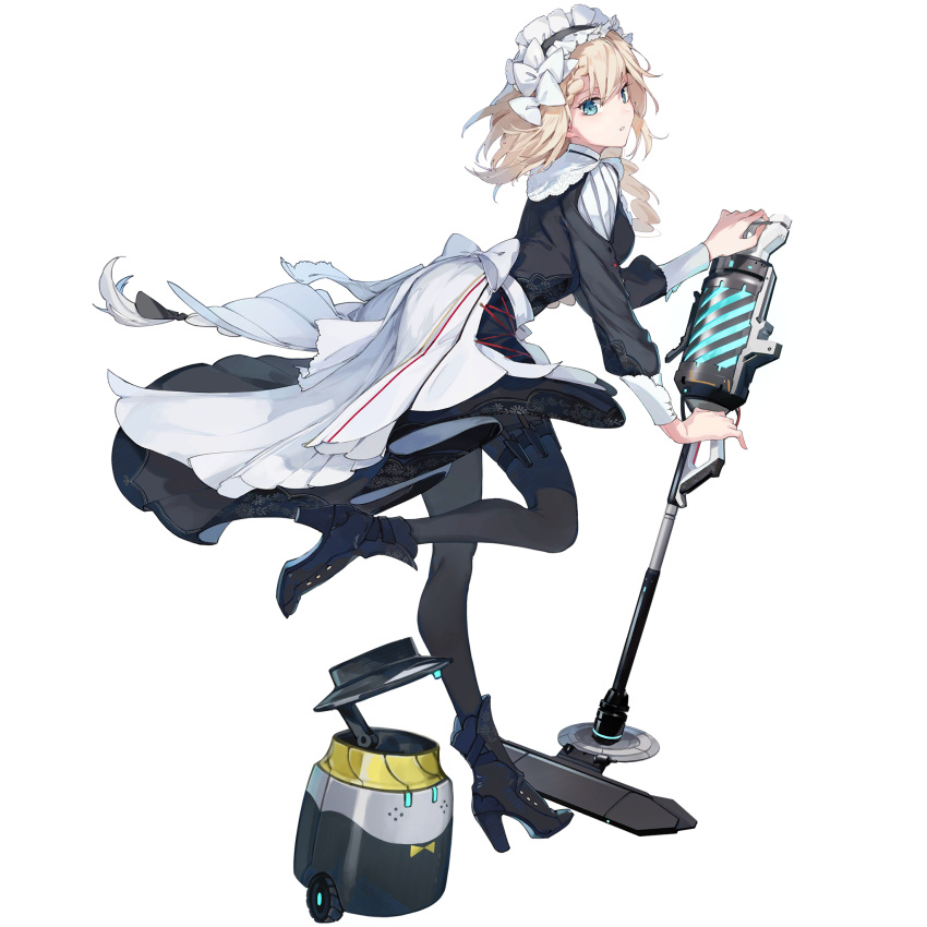 1girl black_dress blonde_hair blue_eyes boots bow braid dress from_side full_body g36_(girls'_frontline) girls'_frontline girls'_frontline_neural_cloud hair_bow high_heel_boots high_heels highres leg_up long_hair looking_at_viewer maid maid_headdress official_art pantyhose shuzi solo transparent_background vacuum_cleaner