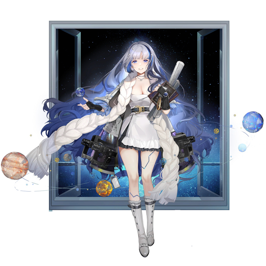 1girl black_gloves blue_eyes blue_hair book boots breasts cleavage dress fingerless_gloves full_body girls'_frontline girls'_frontline_neural_cloud gloves highres holding holding_book hubble_(girls'_frontline_nc) large_breasts long_hair looking_at_viewer multicolored_hair official_art planet projector scarf smile solo star_(sky) star_chart streaked_hair transparent_background very_long_hair watch white_dress white_footwear white_scarf window wristwatch