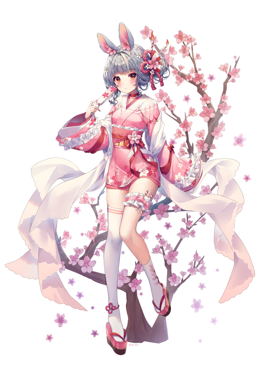 +_+ 1girl :c absurdres animal_ears bangs blush candle cherry_blossoms cherry_tree closed_fan closed_mouth commentary dated english_commentary eyebrows_visible_through_hair flower folding_fan frilled_sleeves frills full_body grey_hair hair_flower hair_ornament hair_up hand_fan highres holding holding_fan japanese_clothes kimono long_sleeves looking_at_viewer obi orange_eyes original pink_flower pink_kimono rabbit_ears sash shiro_albino signature simple_background single_thighhigh solo symbol-shaped_pupils tabi tagme thighhighs white_background white_flower white_legwear zouri