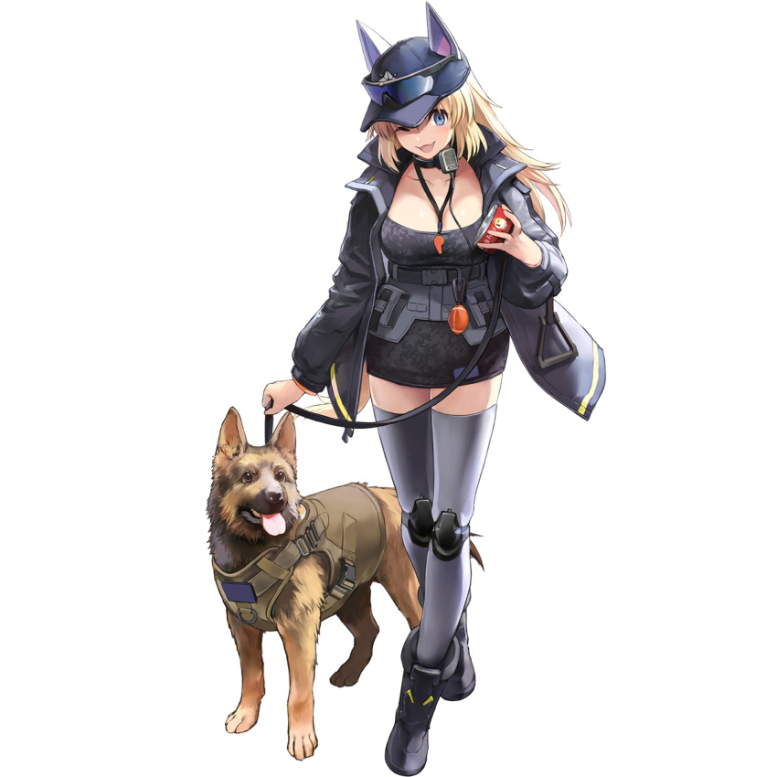 1girl animal_ears baseball_cap blonde_hair blue_eyes boots breasts camouflage_print can cleavage dog dog_ears dog_food dress eyewear_on_head fangs full_body girls'_frontline girls'_frontline_neural_cloud hat highres jacket joints large_breasts leash long_hair looking_at_viewer m500_(girls'_frontline) mechanical_legs official_art one_eye_closed open_clothes open_jacket open_mouth robot_joints smile solo sunglasses thighhighs transparent_background whistle whistle_around_neck zettai_ryouiki