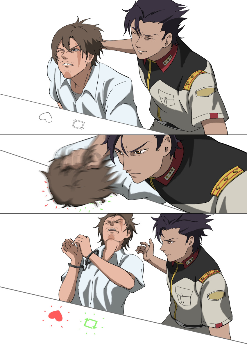 2boys absurdres black_hair bongo_cat brown_eyes brown_hair closed_eyes collared_shirt cuffs dark-skinned_male dark_skin facial_hair gawman_nobile gundam gundam_hathaway's_flash handcuffs highres imasogari kenneth_sleg like_and_retweet male_focus meme military military_uniform multiple_boys one_eye_closed open_mouth parted_lips scar scar_across_eye scene_reference shirt smile stubble twitter uniform white_shirt