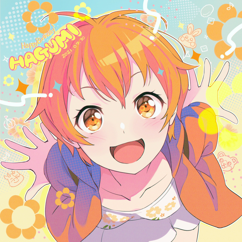 1girl :d absurdres bang_dream! bangs blush breasts cowboy_shot dated dress english_text floral_background floral_print from_above happy_birthday highres hood hoodie kitazawa_hagumi looking_at_viewer looking_up nobusawa_osamu open_clothes open_hoodie open_mouth orange_eyes orange_hair short_hair sitting small_breasts smile solo tongue white_dress