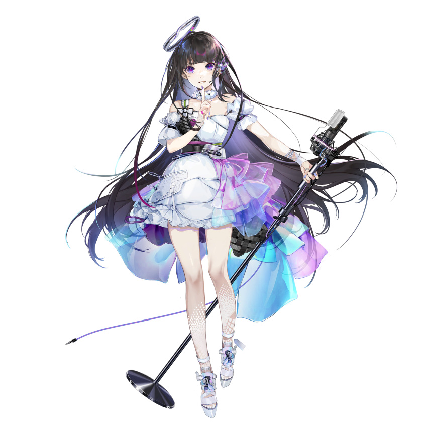 1girl bare_shoulders brown_hair dress earpiece finger_to_own_chin frilled_dress frills full_body girls'_frontline girls'_frontline_neural_cloud halo highres holding holding_microphone_stand legs long_hair looking_at_viewer microphone microphone_stand nail_polish nanaka_(girls'_frontline_nc) official_art purple_eyes purple_nails sandals smile solo transparent_background very_long_hair white_dress