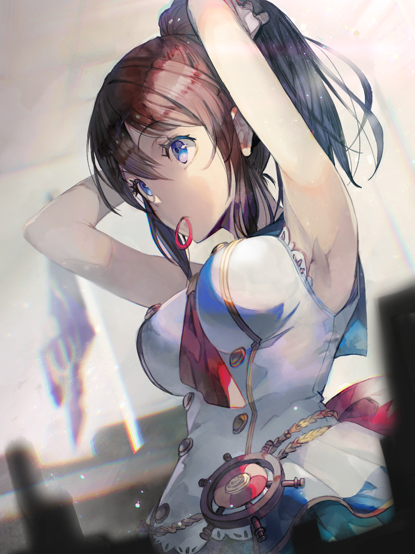 1girl adjusting_hair armpits arms_up blue_eyes blurry breasts brown_hair depth_of_field hair_tie_in_mouth highres idolmaster idolmaster_million_live! long_hair medium_breasts mouth_hold ponytail pos sailor_collar satake_minako sleeveless solo tying_hair