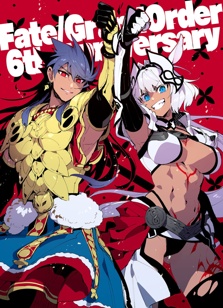 1boy 1girl abs animal_ears arm_up armor black_hair blue_eyes breasts caenis_(fate) earrings english_text eyebrows_visible_through_hair fate/grand_order fate_(series) headgear highres impossible_clothes jewelry koshiro_itsuki large_breasts looking_at_viewer ponytail red_eyes romulus_quirinus_(fate) sash short_hair tan tattoo thighhighs white_hair