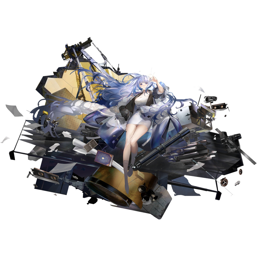 1girl blue_eyes blue_hair book breasts cleavage dress full_body girls'_frontline girls'_frontline_neural_cloud highres holding hubble_(girls'_frontline_nc) james_webb_space_telescope large_breasts long_hair official_art scarf solo telescope transparent_background very_long_hair white_dress