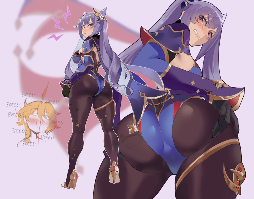 1boy 1girl aether_(genshin_impact) ahoge ass black_gloves black_legwear blonde_hair blood blush cape closed_mouth cosplay detached_sleeves english_commentary genshin_impact gloves hair_ornament high_heels highres keqing_(genshin_impact) leotard long_hair long_sleeves mona_(genshin_impact) mona_(genshin_impact)_(cosplay) nosebleed nyantcha outline pantyhose purple_eyes purple_hair standing tearing_up thighlet twintails white_outline