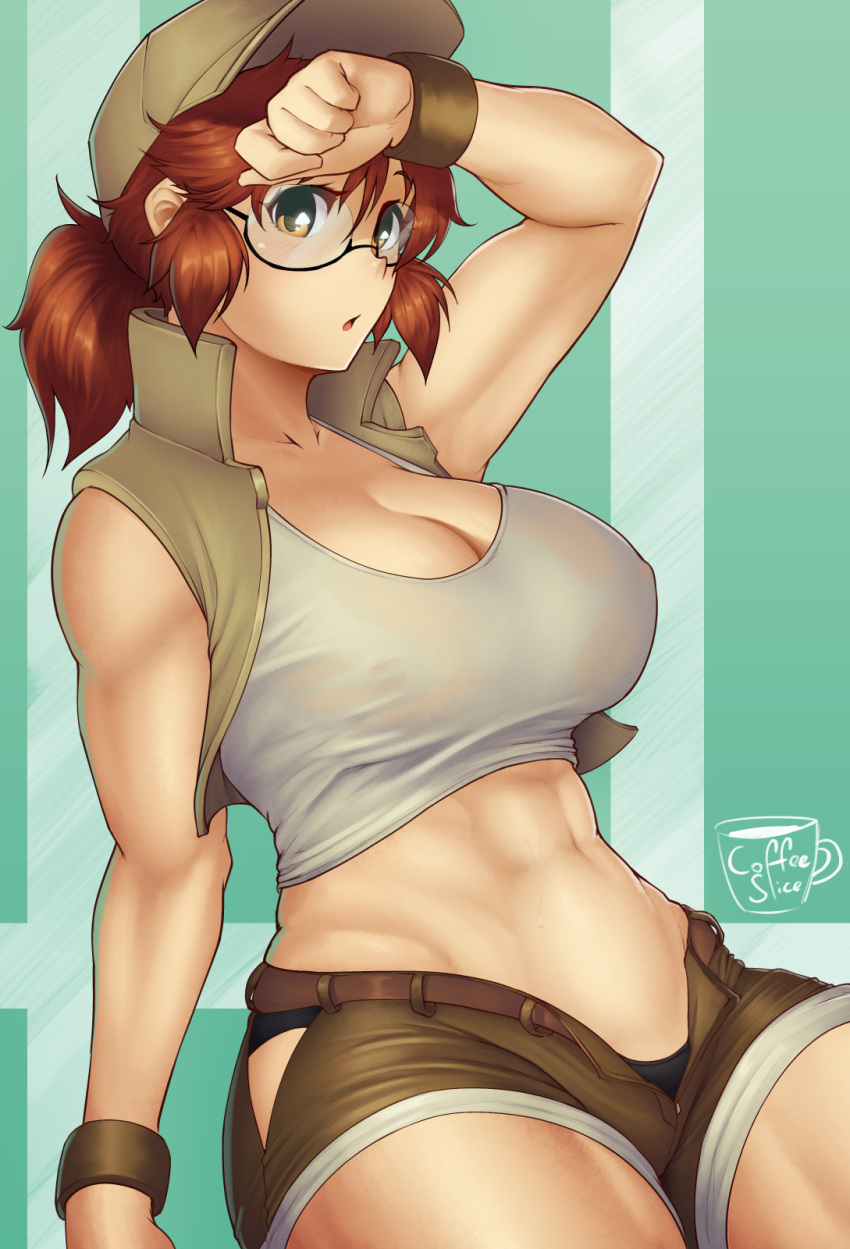 1girl abs baseball_cap biceps black-framed_eyewear black_panties blush breasts brown_eyes brown_hair brown_shorts cleavage coffeeslice covered_nipples crop_top english_commentary fio_germi glasses hat highres hip_vent large_breasts looking_at_viewer metal_slug midriff no_bra open_clothes open_fly open_vest panties see-through_shirt semi-rimless_eyewear shirt short_ponytail short_shorts shorts sleeveless solo thick_thighs thighs toned under-rim_eyewear underwear vest wet wet_clothes wet_shirt wiping_sweat wristband