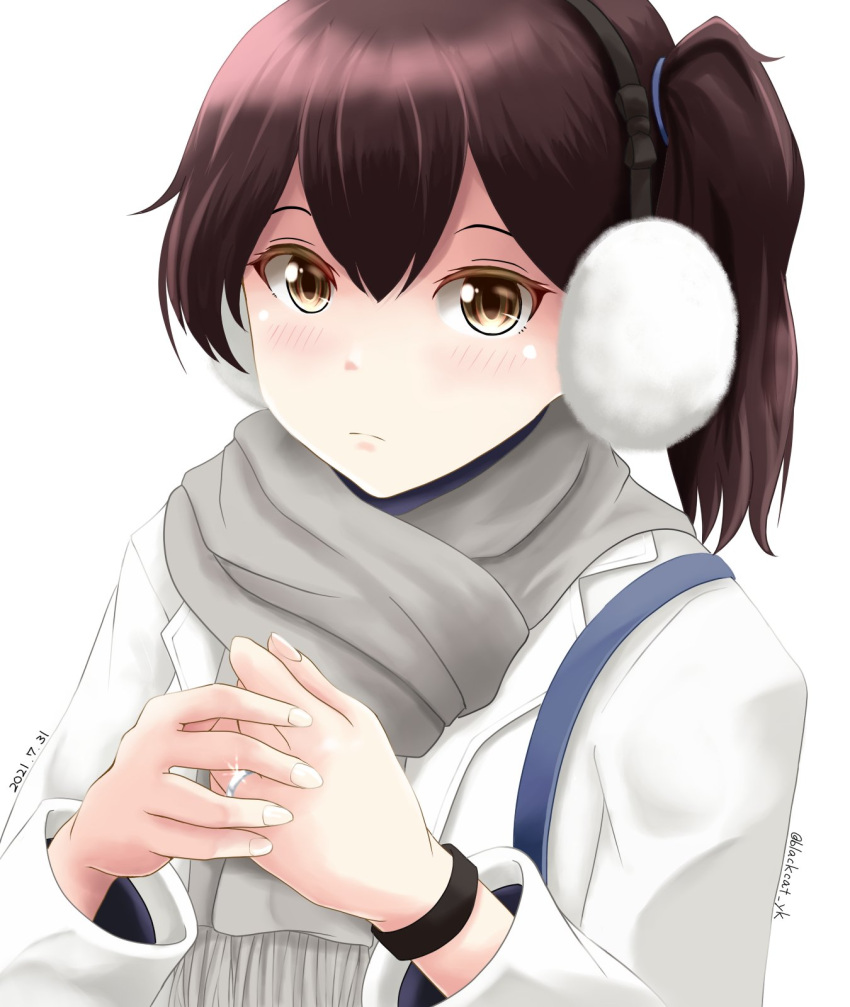 1girl brown_eyes brown_hair coat commentary_request earmuffs grey_scarf hands_clasped highres jewelry kaga_(kancolle) kantai_collection kuroneko86 long_hair official_alternate_costume own_hands_together ring scarf side_ponytail simple_background solo upper_body wedding_band white_background white_coat winter_clothes