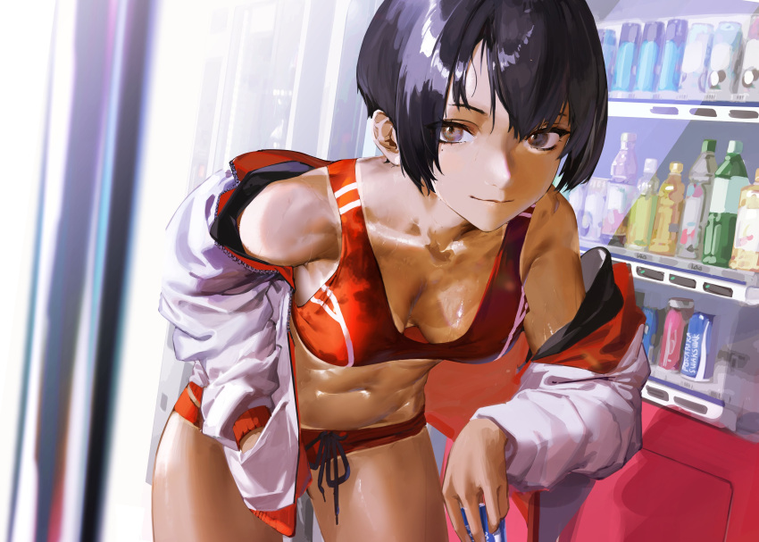 1girl absurdres black_hair can commentary_request hand_in_pocket highres holding jacket leaning_forward leaning_on_object looking_at_viewer off_shoulder original short_hair solo sports_bra sports_drink sportswear sweat vending_machine waterswing