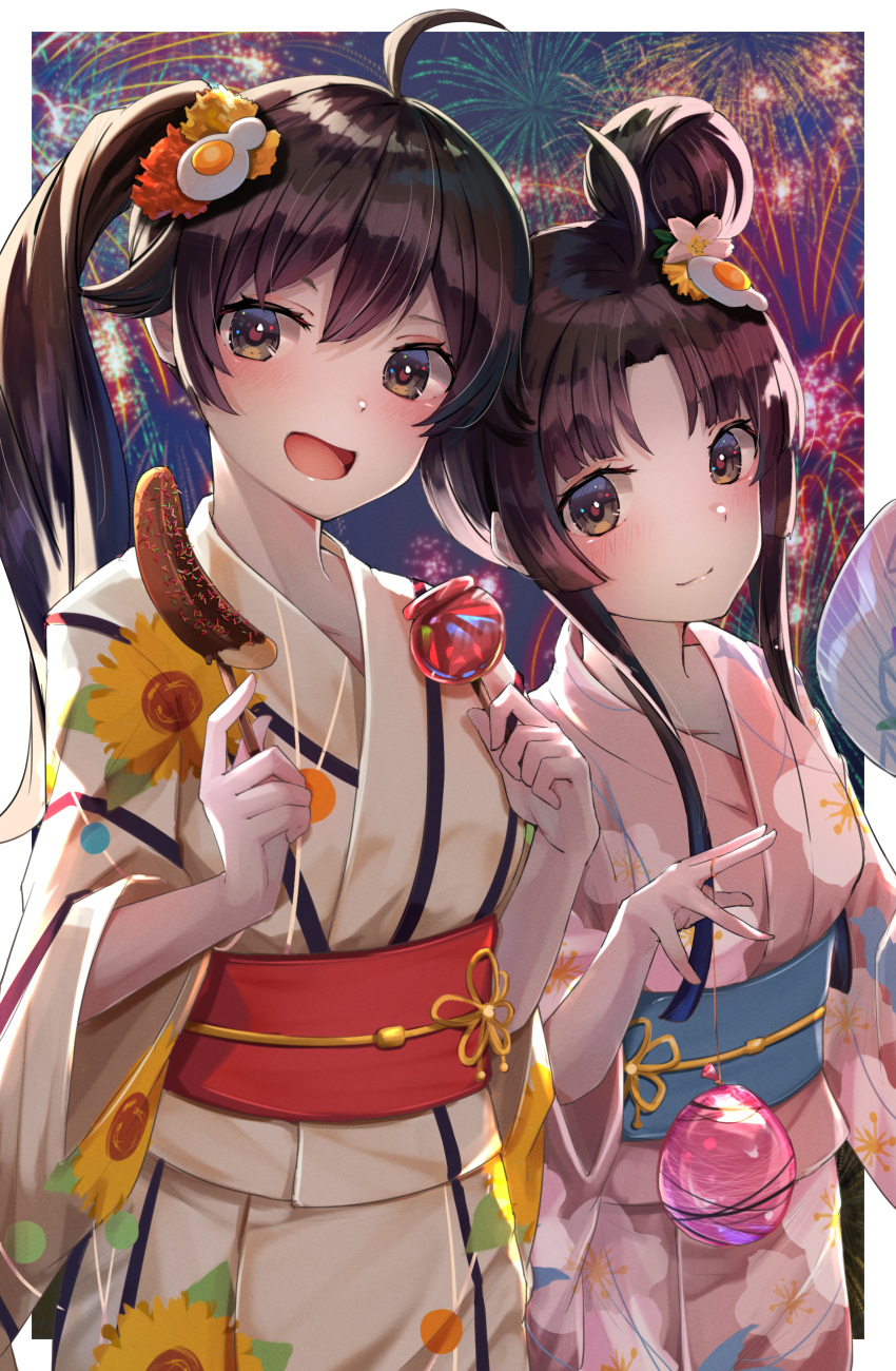 2girls absurdres ahoge araragi_karen araragi_tsukihi balloon bangs blue_sash blush brown_eyes candy_apple cherry_blossom_print chocolate_banana closed_mouth commentary cowboy_shot egg_hair_ornament fireworks floral_print food food-themed_hair_ornament fried_egg hair_bun hair_ornament hair_up hand_fan highres hime_cut holding holding_fan holding_food japanese_clothes kimono long_hair monogatari_(series) multiple_girls obi obidome obijime open_mouth outside_border paper_fan pink_kimono red_sash sash siblings side-by-side side_ponytail sidelocks sisters smile sunflower_print water_balloon water_yoyo yukata yuunamida_uyu