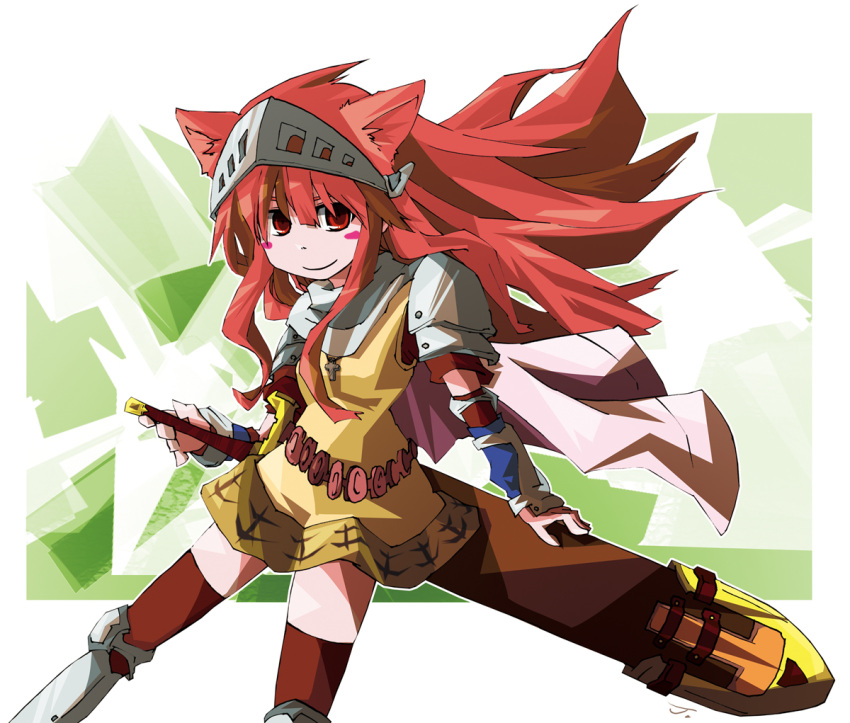 1girl animal_ears armor armored_boots bangs blush_stickers boots breastplate brown_cape brown_legwear cape cat_ears closed_mouth commentary_request cross feet_out_of_frame greatsword holding holding_sword holding_weapon kneehighs knight_(ragnarok_online) long_hair looking_at_viewer pauldrons pekomaru ragnarok_online red_eyes red_hair scabbard sheath shoulder_armor smile solo sword vambraces visor_(armor) weapon