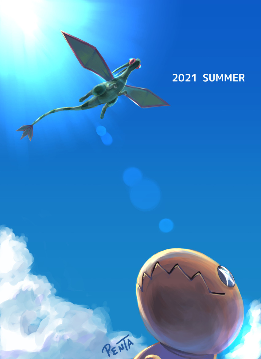 +_+ claws closed_mouth cloud commentary day flygon flying from_below gen_3_pokemon highres lens_flare no_humans outdoors penta_oekaki pokemon pokemon_(creature) signature sky trapinch wavy_mouth