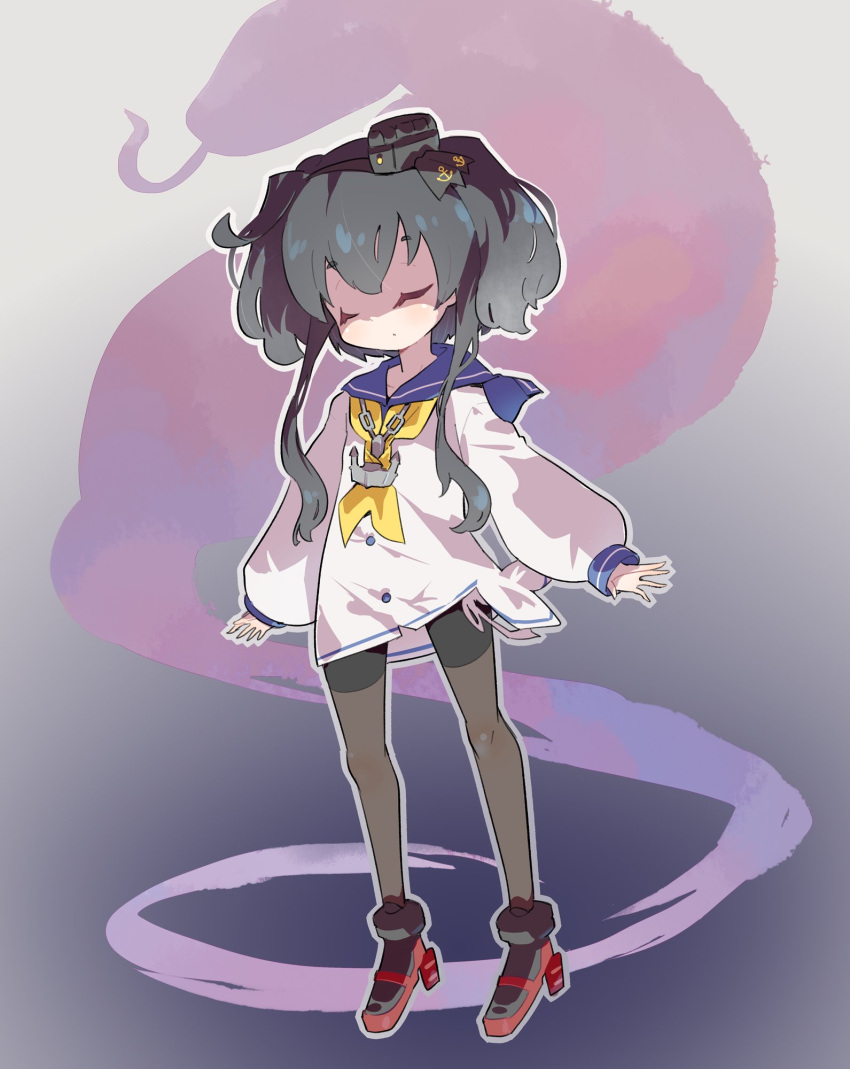 1girl anchor_symbol arbok bangs black_hair black_legwear blue_sailor_collar closed_eyes closed_mouth crossover dress gen_1_pokemon hat highres kantai_collection long_sleeves mini_hat pantyhose pokemon pokemon_(creature) rudder_footwear sailor_collar sailor_dress shirt short_hair_with_long_locks sidelocks simple_background snake thighband_pantyhose tied_shirt tokitsukaze_(kancolle) utsubo_(utb) white_dress yellow_neckwear