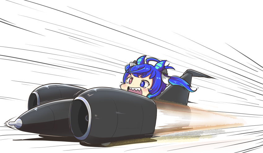 1girl ahoge animal_ears blue_eyes blue_hair car commentary crying crying_with_eyes_open flying_teardrops green_hair ground_vehicle heterochromia highres horse_ears horse_girl jet_engine motion_blur motion_lines motor_vehicle multicolored_hair namesake pun red_eyes sakusan_(ss-awesome) sharp_teeth solo tears teeth thrust_ssc trait_connection twin_turbo_(umamusume) twintails two-tone_hair umamusume