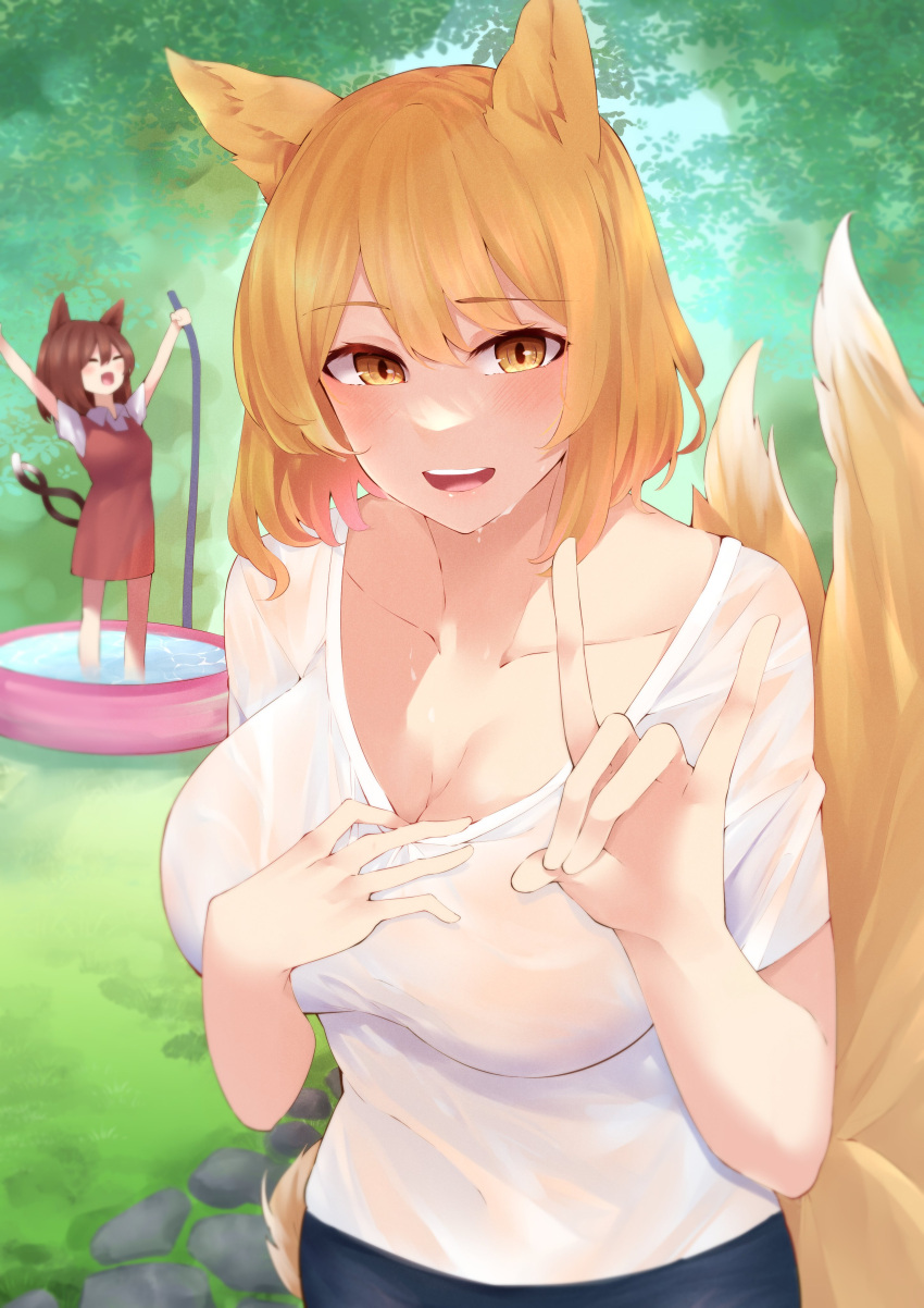 2girls :d \o/ absurdres alternate_costume animal_ears arms_up bangs blonde_hair blush breasts cat_ears cat_tail chen cleavage closed_eyes collarbone commentary_request day dress eyebrows_visible_through_hair fox_ears fox_shadow_puppet fox_tail hair_between_eyes highres keenii_(kenny86) large_breasts looking_at_viewer medium_hair multiple_girls multiple_tails nekomata no_hat no_headwear open_mouth outdoors outstretched_arms path red_dress shirt short_hair short_sleeves small_breasts smile solo_focus standing tail touhou two_tails upper_body upper_teeth wading wading_pool wet white_shirt wing_collar yakumo_ran yellow_eyes