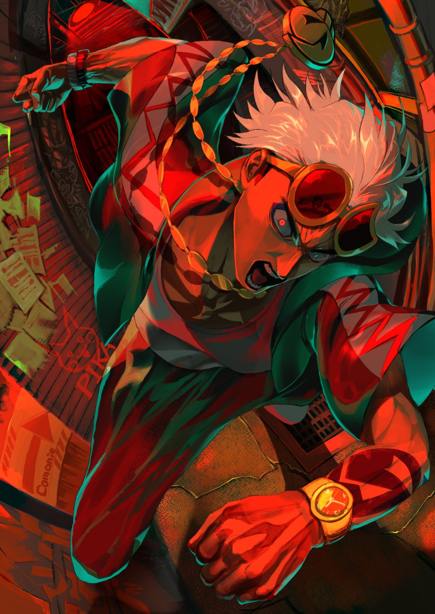 1boy alternate_eye_color arm_tattoo character_print clenched_hands comanie commentary_request eyewear_on_head gen_1_pokemon guzma_(pokemon) highres jacket jewelry male_focus necklace open_mouth orange_eyes pants pikachu pokemon pokemon_(game) pokemon_sm poster_(object) shiny shiny_hair shirt short_sleeves solo sunglasses tattoo team_skull teeth tongue watch white_hair wristwatch yellow-framed_eyewear