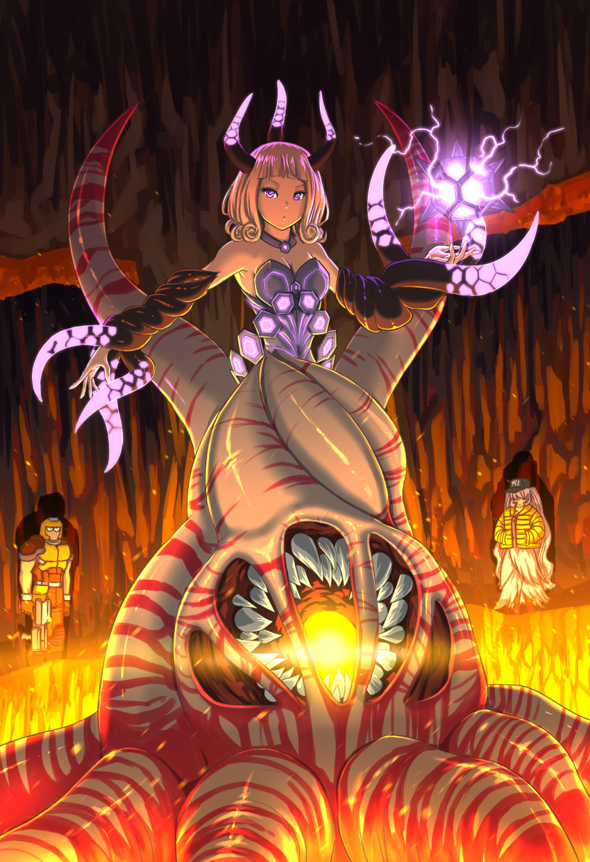 1boy 2girls armor baseball_cap breasts character_request choker eldritch_abomination embers english_commentary fire glowing_horns glowing_mouth gun hair_over_eyes hands_in_pockets hat highres horns long_hair looking_at_another looking_at_viewer medium_breasts medium_hair monster_girl multiple_girls orb personification purple_eyes quake ranger_(quake) shambler shub-niggurath_(quake) substance20 teeth tentacles timbler very_long_hair weapon white_hair