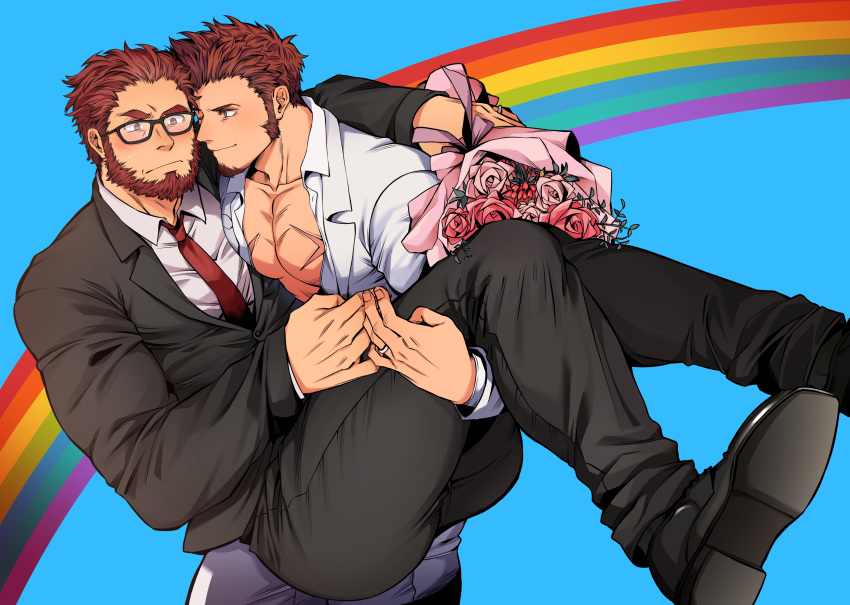 2boys absurdres alternate_costume aqua_background arm_around_shoulder ass bara beard bespectacled black-framed_eyewear black_pants black_suit blue_eyes blue_neckwear blush bouquet brown_hair carrying collared_shirt commission couple cross_scar dark-skinned_male dark_skin embarrassed face-to-face facial_hair fate/grand_order fate_(series) flower flustered formal glasses goatee grin highres holding holding_bouquet holding_hands holmy_(holmesdmode) husband_and_husband iskandar_(fate) jewelry large_pectorals lgbt_pride long_sideburns male_cleavage male_focus mature_male multiple_boys muscular muscular_male napoleon_bonaparte_(fate) necktie one_eye_closed pants partially_unbuttoned pectoral_docking pectoral_press pectorals princess_carry rainbow raised_eyebrow red_hair red_neckwear ring scar scar_on_chest second-party_source shirt short_hair sideburns smile suit thick_thighs thighs wedding wedding_ring white_suit yaoi