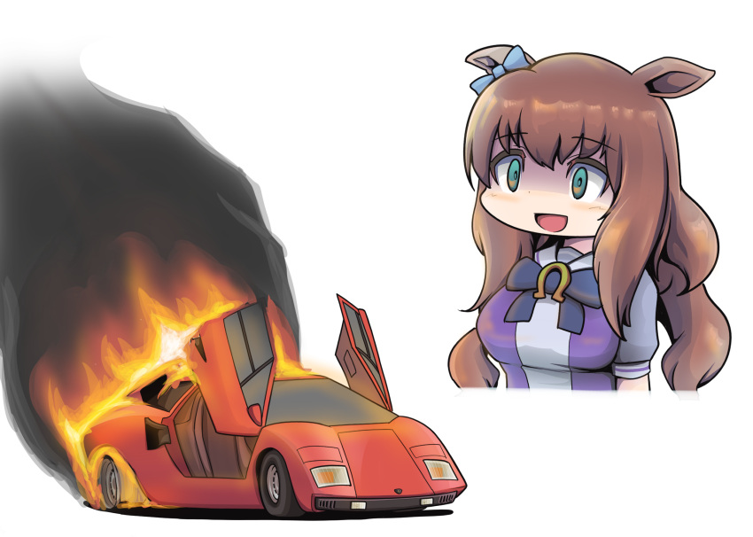 1girl animal_ears blue_bow bow bowtie car commentary ear_bow ears_down eyebrows_visible_through_hair fire flat_tire green_eyes ground_vehicle hair_between_eyes highres horse_ears horse_girl horseshoe_ornament lamborghini lamborghini_countach long_hair maruzensky_(umamusume) motor_vehicle puffy_short_sleeves puffy_sleeves purple_bow purple_neckwear purple_shirt sailor_collar sailor_shirt sakusan_(ss-awesome) school_uniform scissor_doors shaded_face shirt short_sleeves solo sports_car supercar tracen_school_uniform umamusume upper_body wavy_hair