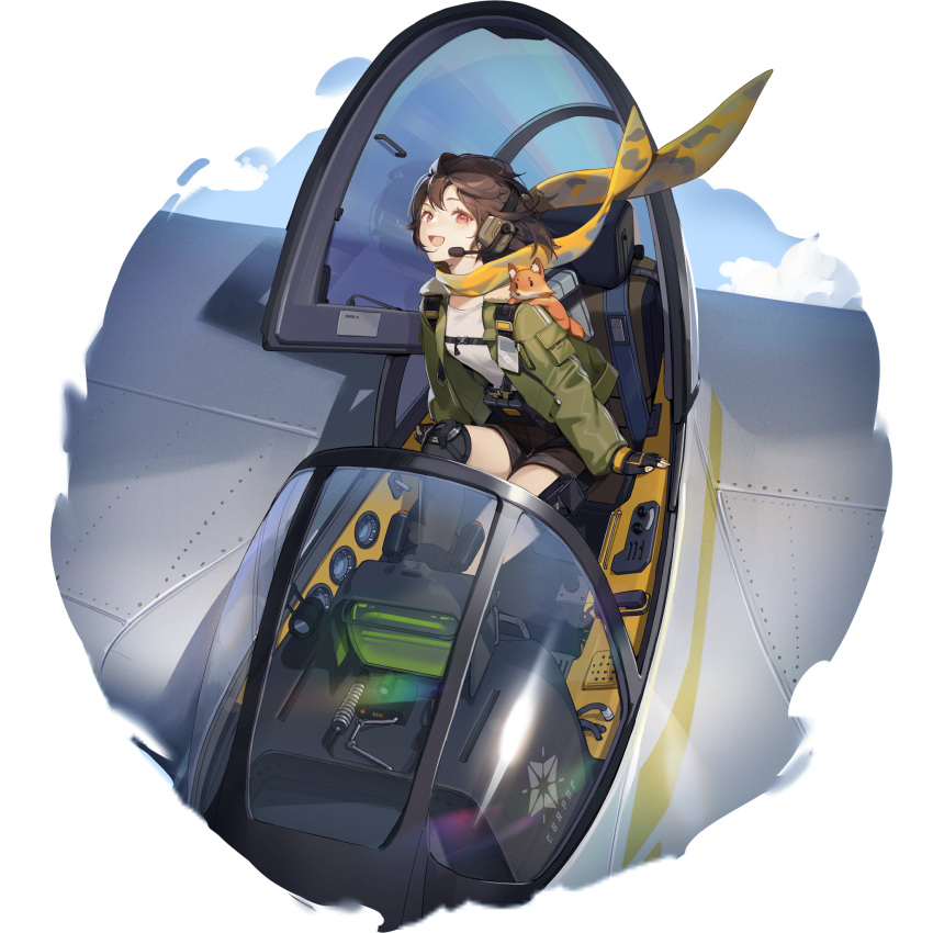 1girl :d aircraft airplane animal_on_shoulder breasts brown_hair brown_shorts cockpit earhart_(girls'_frontline_nc) fingerless_gloves flying fox full_body girls'_frontline girls'_frontline_neural_cloud gloves green_jacket headset highres jacket kneehighs kneepits looking_at_viewer official_art open_clothes open_cockpit open_jacket open_mouth red_eyes scarf shirt short_hair shorts sitting sky small_breasts smile solo transparent_background white_shirt yellow_scarf