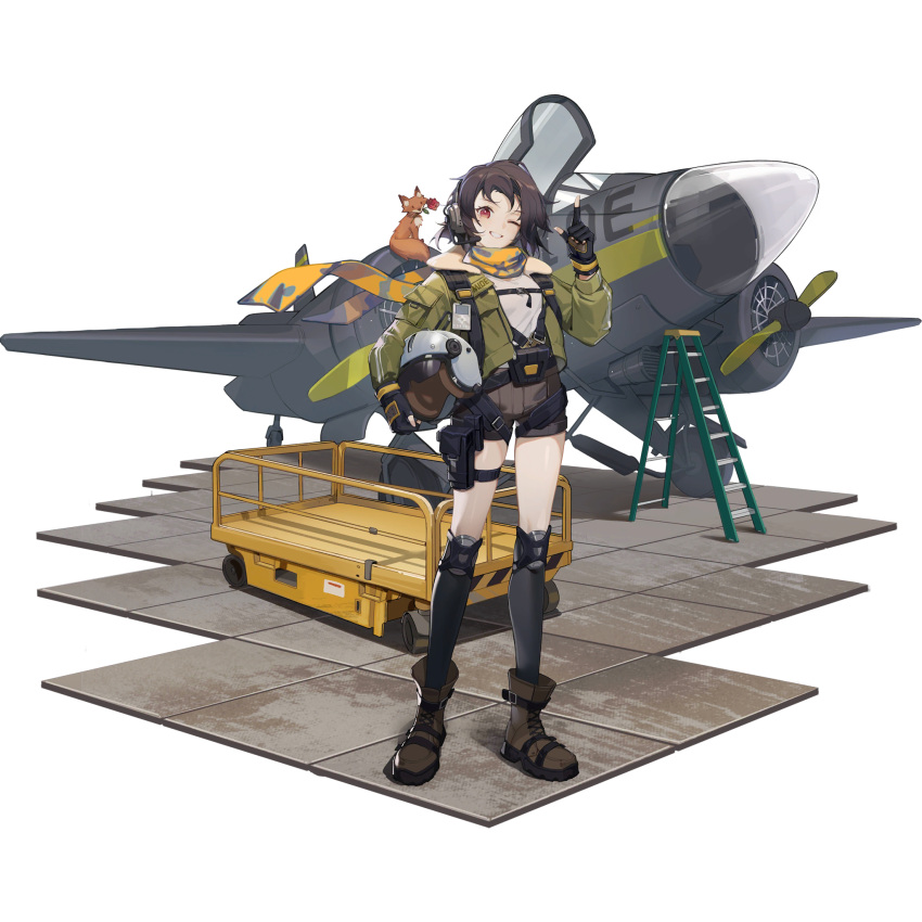 1girl aircraft airplane bomber_jacket boots breasts brown_footwear brown_hair brown_shorts earhart_(girls'_frontline_nc) fingerless_gloves flower fox full_body girls'_frontline girls'_frontline_neural_cloud gloves green_jacket grin headset headwear_removed helmet helmet_removed highres jacket knee_pads kneehighs ladder looking_at_viewer mouth_hold official_art one_eye_closed open_clothes open_cockpit open_jacket pilot_helmet pointing red_eyes rose scarf shirt short_hair shorts small_breasts smile solo transparent_background white_shirt yellow_scarf