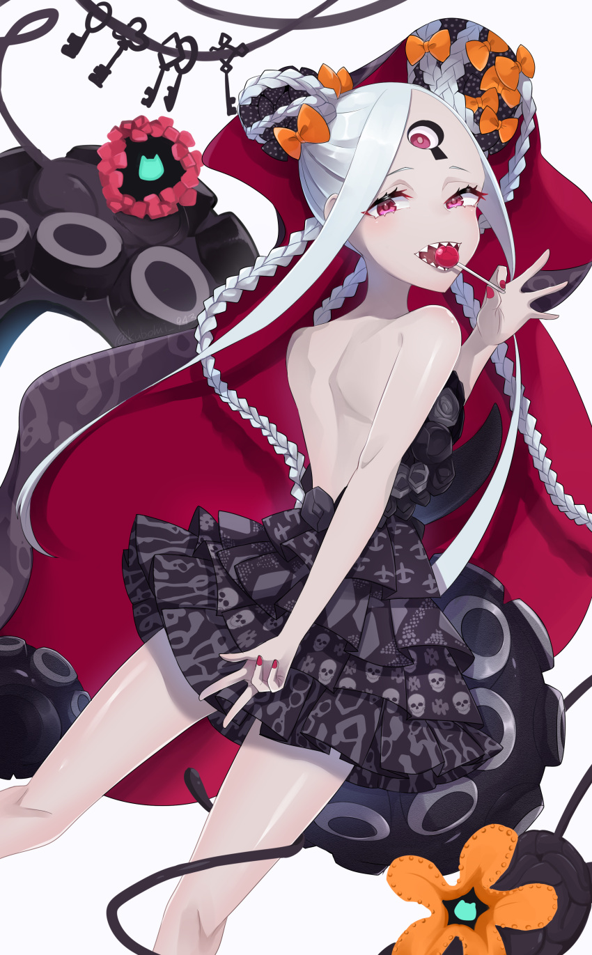1girl abigail_williams_(fate) absurdres bangs bare_shoulders black_bow black_dress blush bow breasts candy colored_skin creature double_bun dress fate/grand_order fate_(series) food food_in_mouth forehead hair_bow heroic_spirit_tour_outfit highres key keyhole kubomi_943 lollipop long_hair looking_at_viewer looking_back multiple_bows open_mouth orange_bow parted_bangs polka_dot polka_dot_bow red_eyes sharp_teeth sidelocks skull_print small_breasts smile teeth tentacles thighs third_eye twintails very_long_hair white_hair white_skin