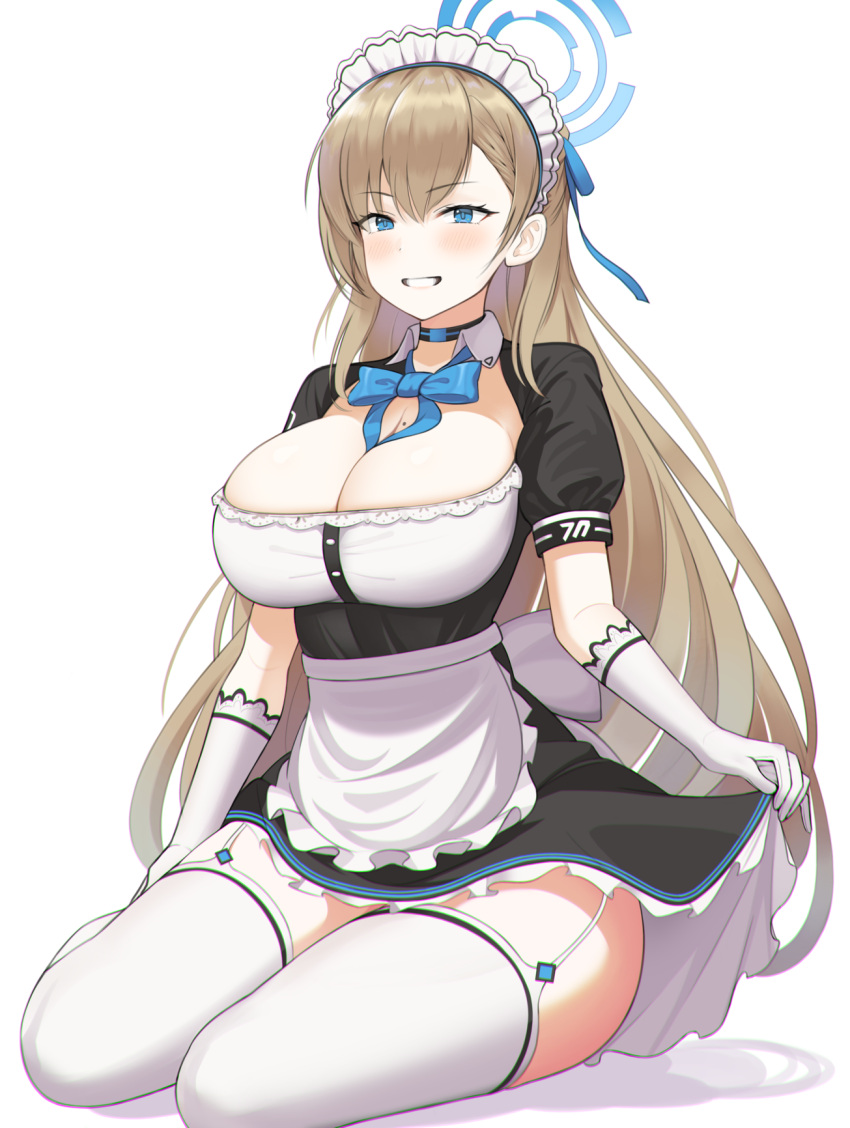 1girl apron asuna_(blue_archive) blue_archive blue_eyes blue_ribbon blush breasts brown_hair choker chromatic_aberration cleavage clothes_lift curvy dress elbow_gloves eyebrows_visible_through_hair frills full_body garter_straps gloves grin haeil2 hair_between_eyes halo highres lace-trimmed_dress lace-trimmed_gloves lace_trim large_breasts lifted_by_self long_hair looking_at_viewer maid maid_apron maid_headdress miniskirt mole mole_on_breast neck_ribbon pale_skin puffy_short_sleeves puffy_sleeves ribbon shadow short_sleeves simple_background sitting skirt skirt_lift smile solo thighhighs thighs very_long_hair white_background white_legwear yokozuwari zettai_ryouiki