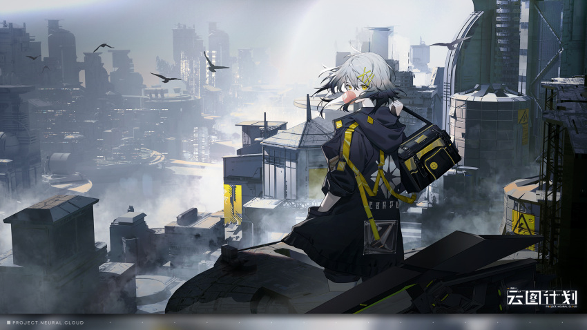 1girl bag bird black_hair black_jacket bubble_blowing building chewing_gum city cityscape copyright_name croque_(girls'_frontline_nc) error from_behind girls'_frontline girls'_frontline_neural_cloud gradient_hair grey_hair hair_ornament hairclip hand_in_pocket highres holding holding_bag hood hood_down hooded_jacket jacket looking_at_viewer looking_back medium_hair multicolored_hair official_art outdoors smog solo yellow_eyes