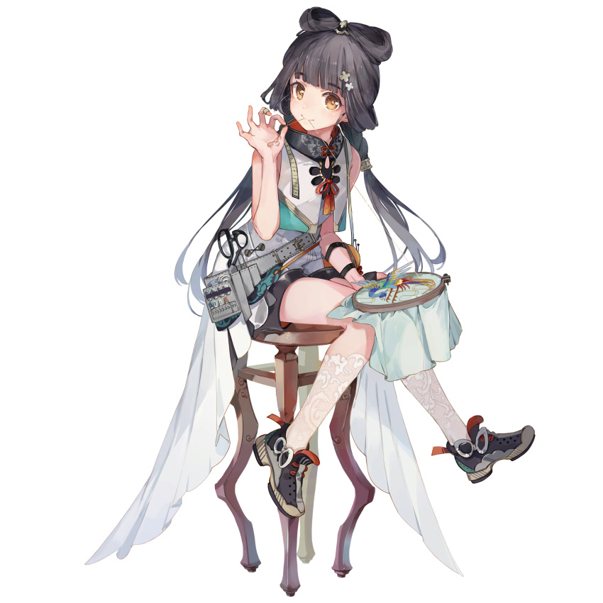 1girl bangs black_hair blunt_bangs dress eyebrows_visible_through_hair full_body girls'_frontline girls'_frontline_neural_cloud hair_ornament highres holding lace lace_legwear long_hair looking_at_viewer mouth_hold needlepoint official_art qbu-88_(girls'_frontline) scissors sewing shoes shorts shuzi sitting smile sneakers solo stool tape_measure thread transparent_background twintails white_dress white_legwear yellow_eyes