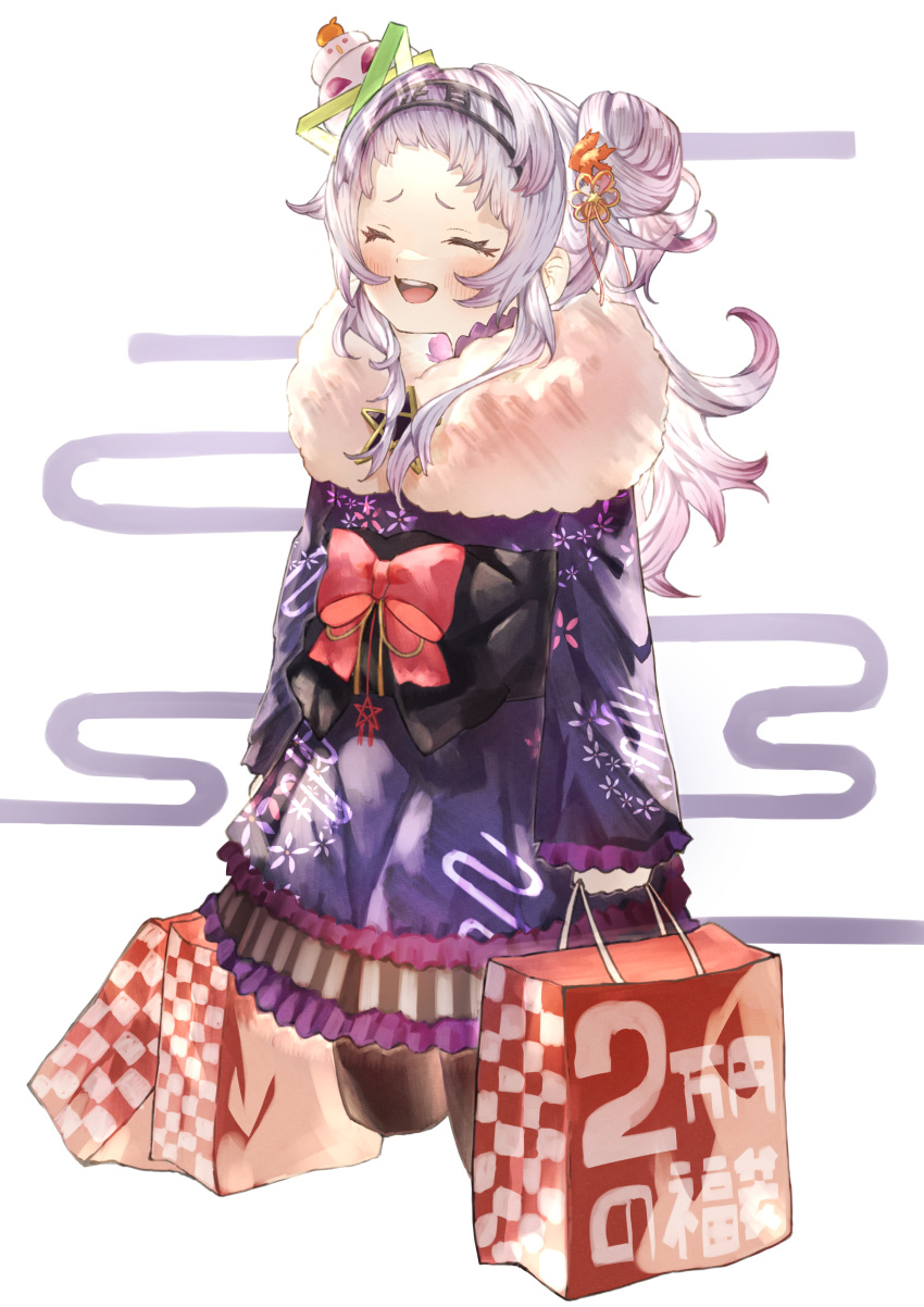 1girl absurdres asymmetrical_hair bag bangs black_legwear black_skirt blunt_bangs closed_eyes commentary cowboy_shot egasumi eyelashes floral_print fur_scarf hair_bun hair_ornament hairband highres holding holding_bag hololive japanese_clothes kagami_mochi kimono long_hair long_sleeves murasaki_shion obi open_mouth pantyhose pleated_skirt purple_kimono rin31153336 sash shopping_bag side_bun silver_hair simple_background skirt smile solo virtual_youtuber white_background