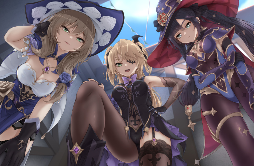 3girls aqua_eyes bare_shoulders bdsm black_legwear blonde_hair blue_sky bodysuit breasts brown_hair building cape cleavage dress eyepatch fischl_(genshin_impact) fishnet_bodysuit fishnets from_below garter_straps genshin_impact gloves green_eyes hair_ornament hair_ribbon half-closed_eyes hand_in_hair hand_on_hip hat highres jewelry leotard lisa_(genshin_impact) looking_at_viewer medium_breasts mona_(genshin_impact) multiple_girls nail_polish necklace nm_(tshell2761) open_mouth pantyhose purple_hair ribbon sadism sky smile standing star_(symbol) star_hair_ornament thighhighs twintails witch_hat