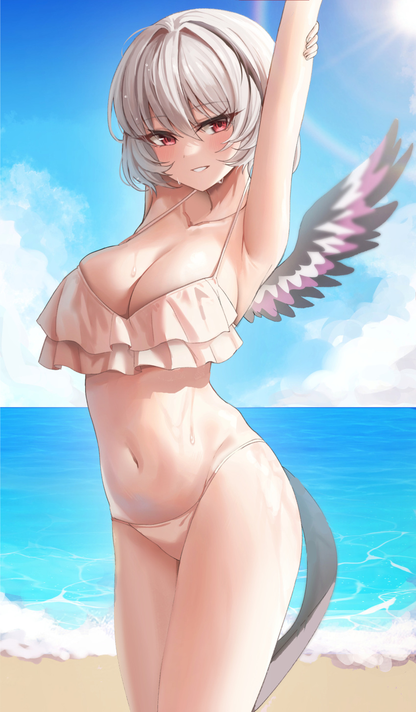 1girl absurdres arm_up armpits arpiel beach bikini biya_(1024) blue_sky blush breasts cloud commission day eyebrows_visible_through_hair hair_between_eyes hannah_(arpiel) highres large_breasts looking_at_viewer navel ocean outdoors parted_lips red_eyes short_hair single_wing sky solo standing sun sunlight sweat swimsuit tail thighs white_bikini white_hair wings